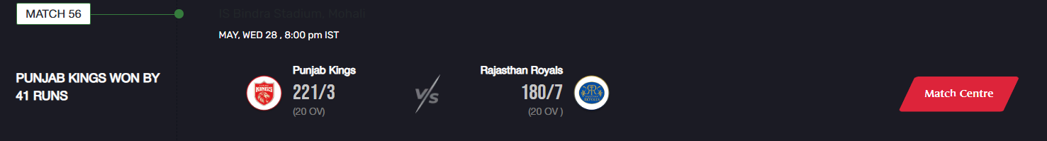 Cricket match between Punjab Kings and Rajasthan Royals in action.